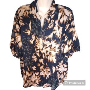 Coldwater Creek floral pleated blouse with sheer roll tab sleeve